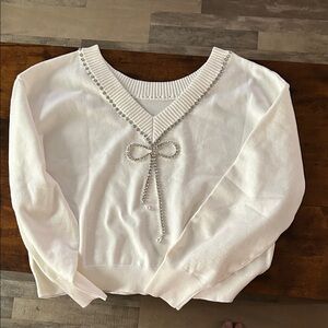White Sweater with Rhinestone Collar and Bow